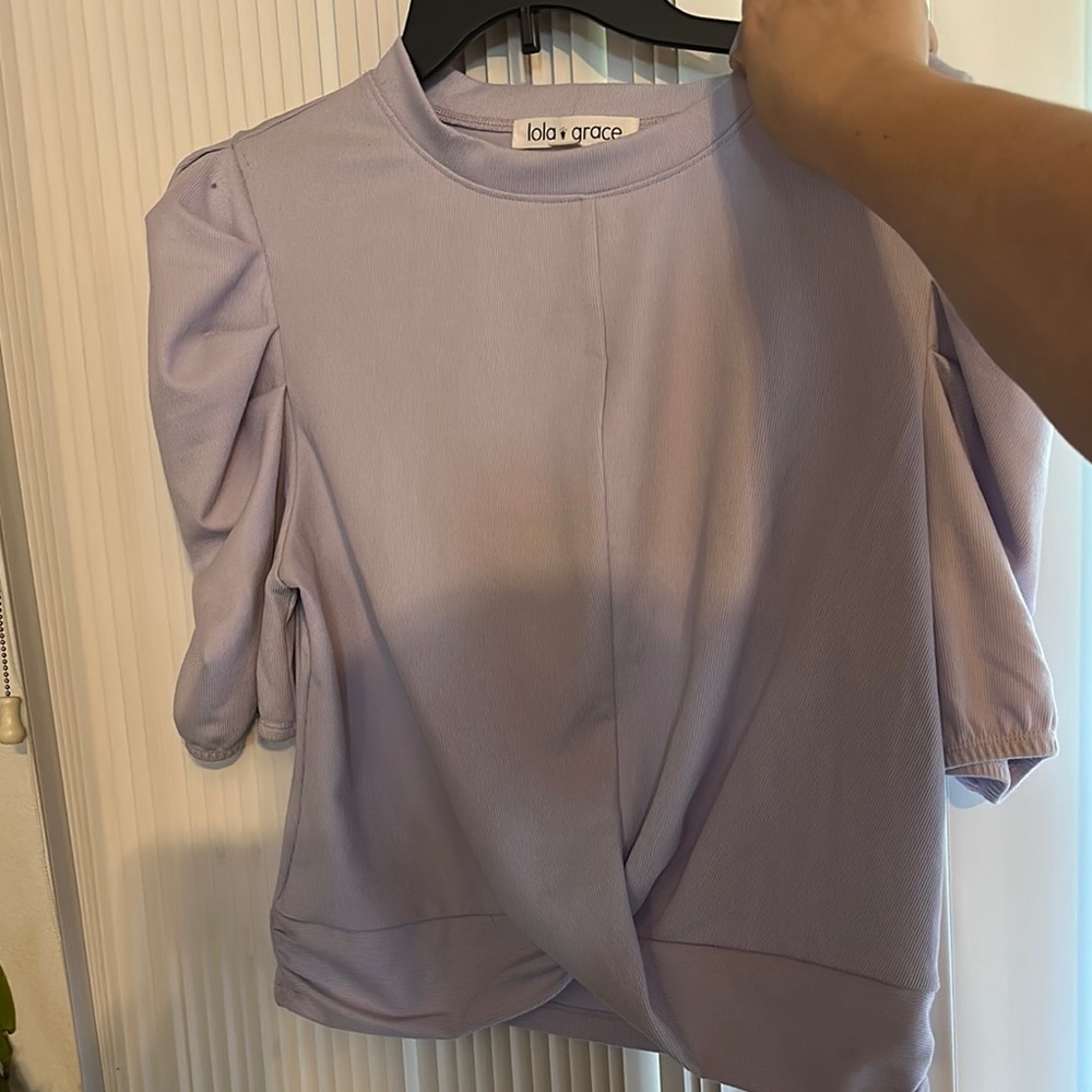 Purple Fitted Blouse with Puffed 3/4 Sleeves